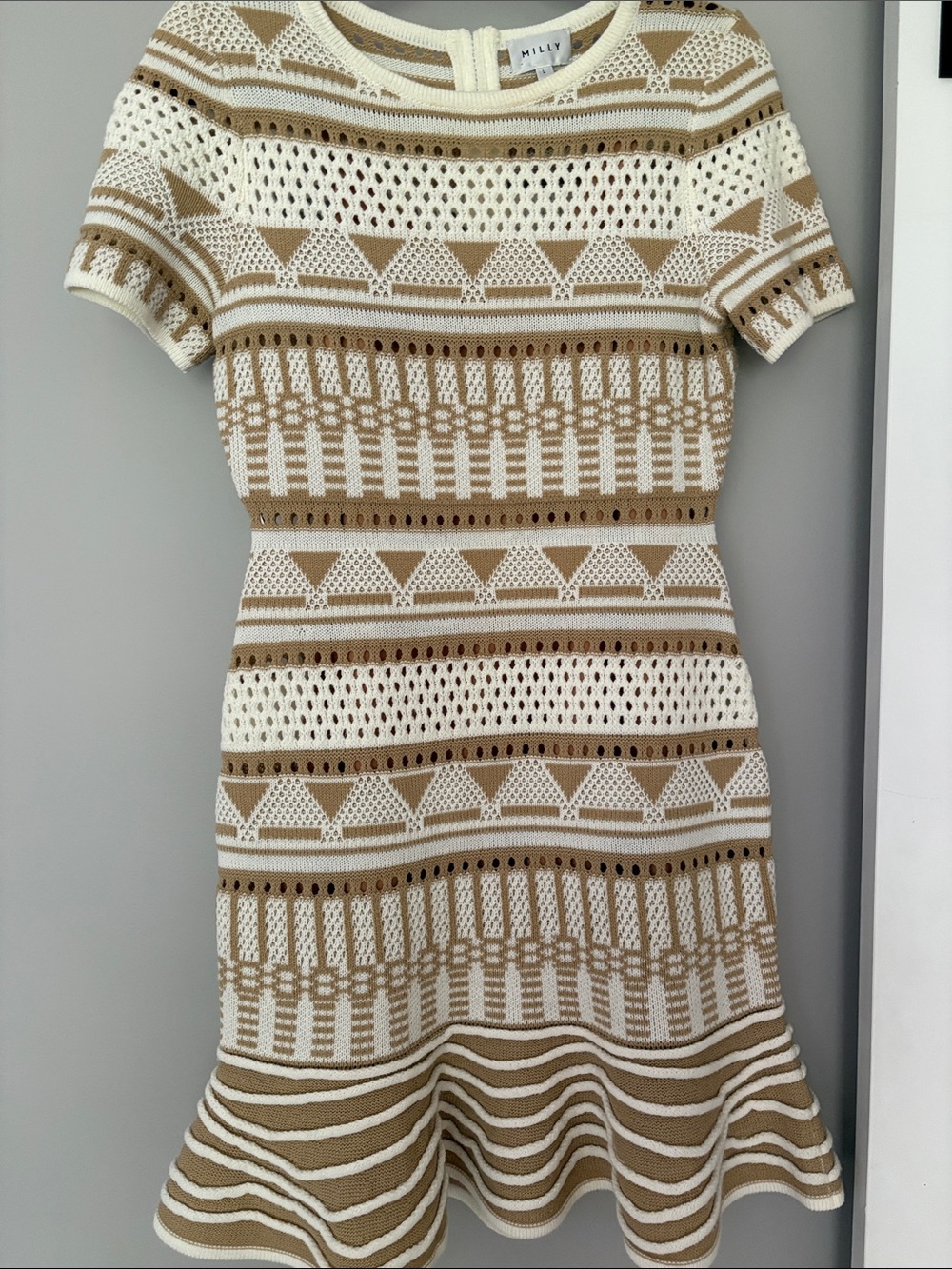 Milly Cream and Tan Knit Fit-and-Flare Dress